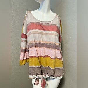 Truself LS Plus Women’s Multicolor Striped Tie-Waist 3/4 Sleeves  Top Size 2X